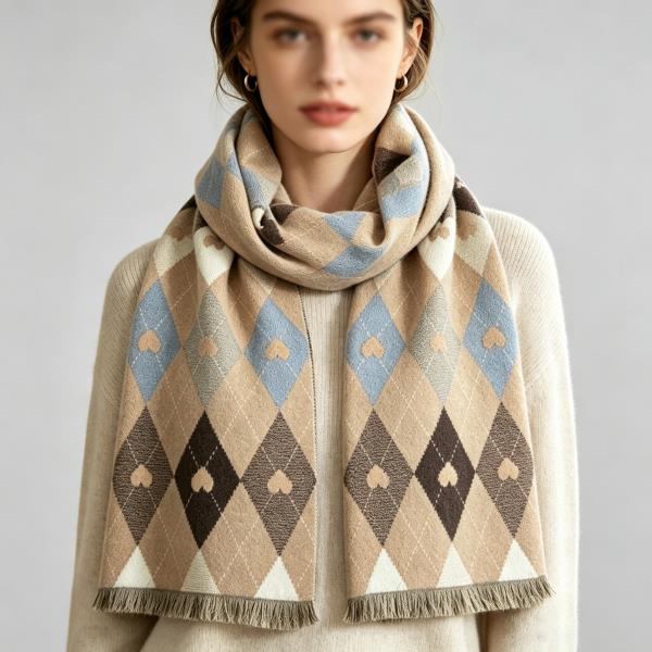 ARGYLE HEART PATTERN FRINGE SCARF