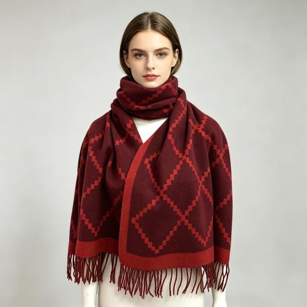 TWO TONE DIAMOND LATTICE BORDER FRINGE SCARF
