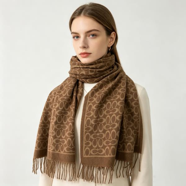 TWO TONE INTERLOCKING OVAL PATTERN BORDER FRINGE SCARF