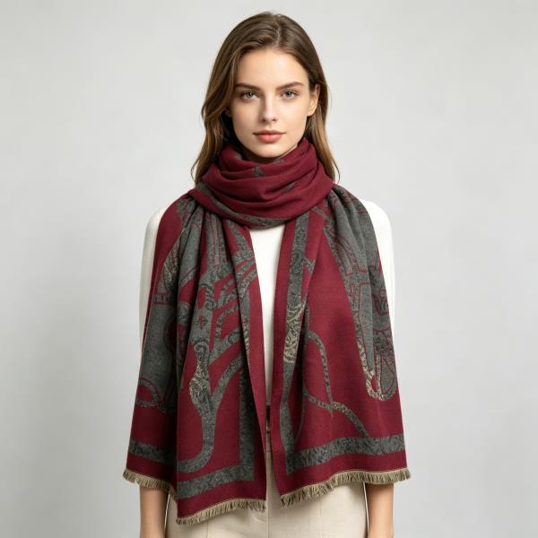 TWO TONE ORNATE ROPE PATTERN BORDER FRINGE SCARF