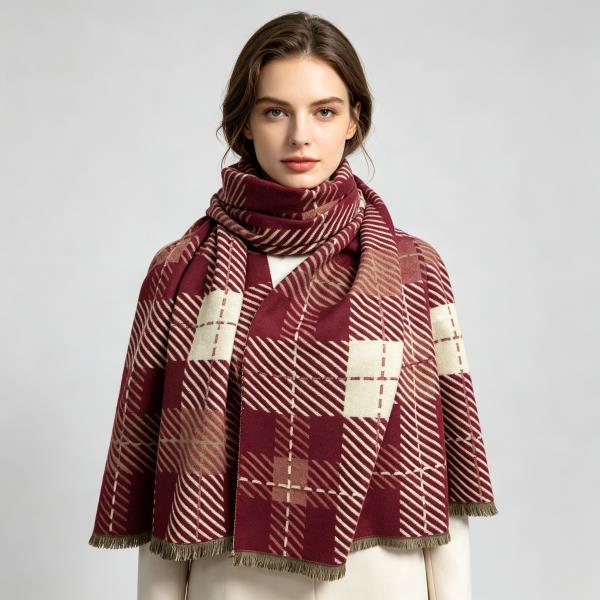 DIAGONAL STRIPE PLAID FRINGE SCARF
