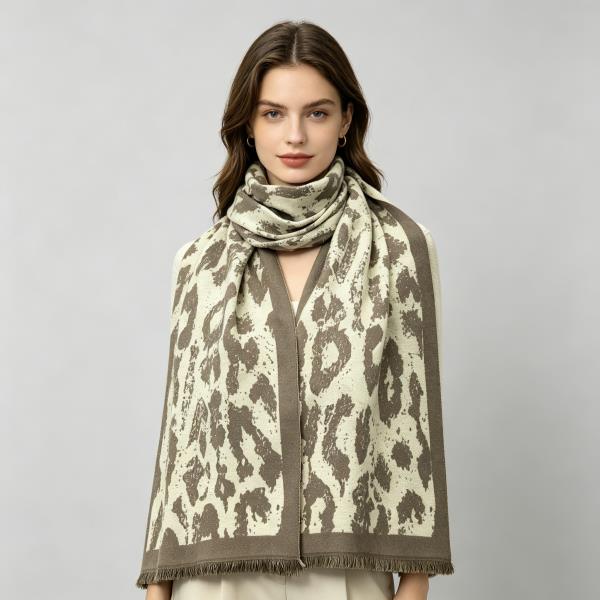 TWO TONE LEOPARD PATTERN BORDER FRINGE SCARF