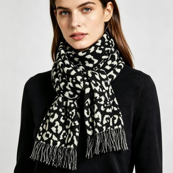 TWO TONE LEOPARD PATTERN LONG FRINGE SCARF