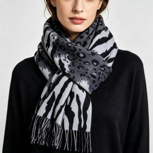 MIXED ZEBRA LEOPARD PATTERN FRINGE SCARF