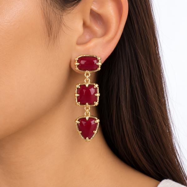 METAL PRONG SET CABOCHON GEOMETRIC TRIPLE DROP EARRING
