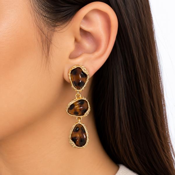 METAL TORTOISESHELL PATTERN ORGANIC TRIPLE DROP EARRING