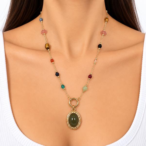 Metal Cabochon Pendant Station Chain Necklace
