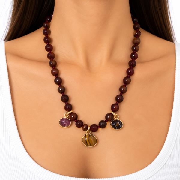 METAL FRAME CABOCHON MULTI CHARM BEADED NECKLACE