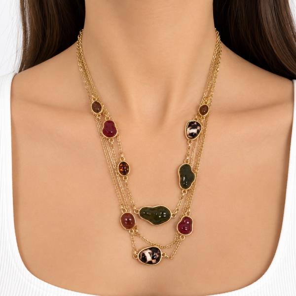 Metal Frame Cabochon Layered Chain Necklace