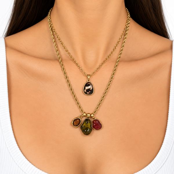 METAL FRAME CABOCHON MULTI CHARM LAYERED CHAIN NECKLACE