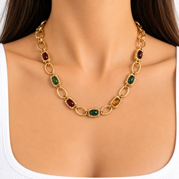METAL FRAME RECTANGLE CABOCHON OVAL LINK NECKLACE