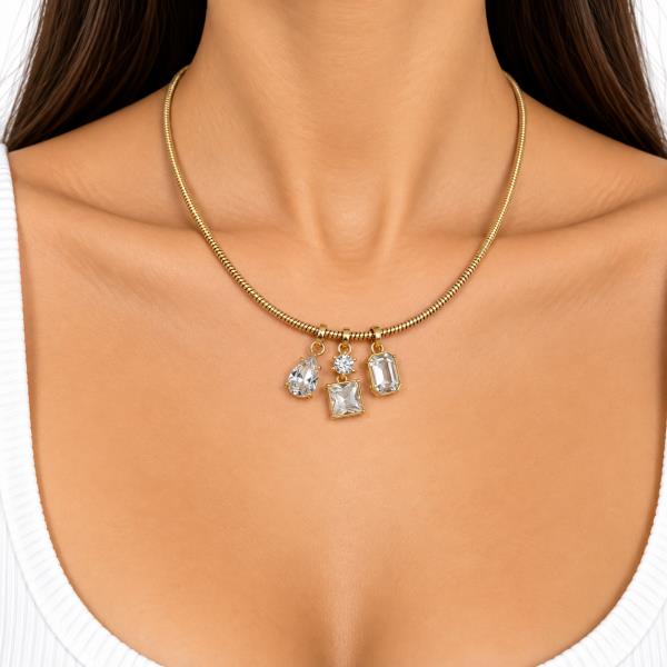 Crystal Stone Multi Charm Snake Chain Necklace