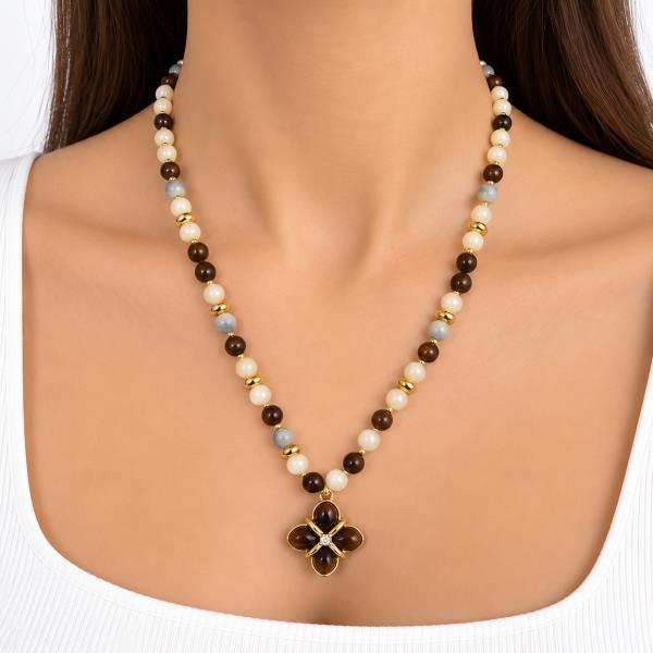 METAL SPACER BEADED FOUR PETAL FLOWER PENDANT NECKLACE