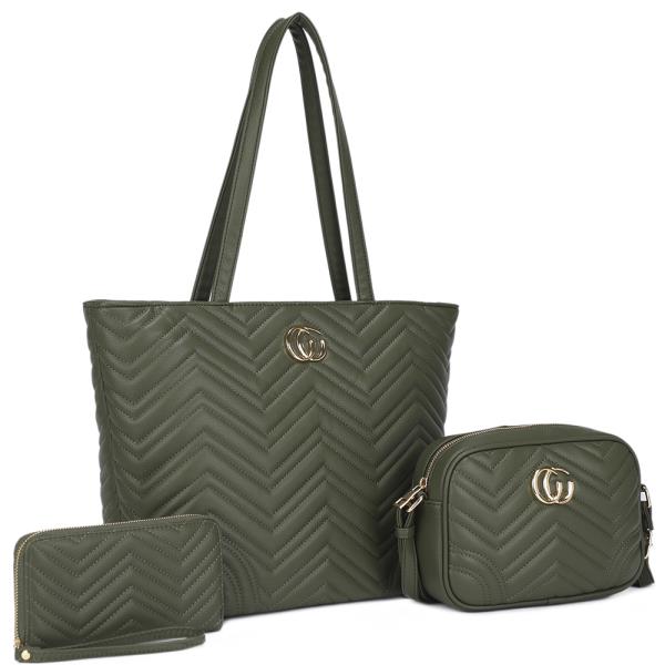 3IN1 QUILTED PATTERN DESIGN TOTE BAG W CROSSBODY AND WALLET SET