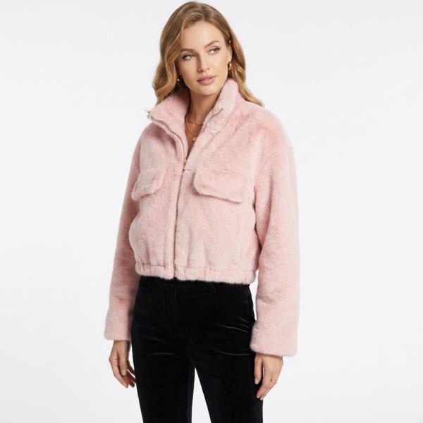 PLUSH STAND COLLAR ZIP FRONT FLAP POCKET CROPPED JACKET