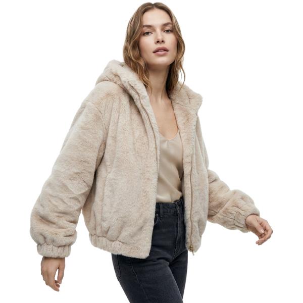 PLUSH HOODED ZIP FRONT GATHERED HEM JACKET