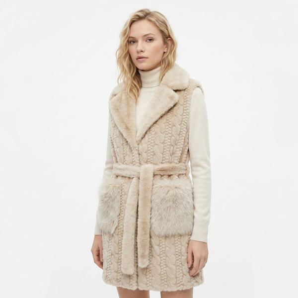 PLUSH NOTCHED LAPEL TIE BELT PATCH POCKET LONG VEST