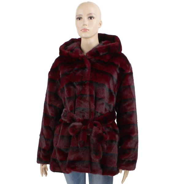 PLUSH HORIZONTAL PANEL HOODED TIE BELT COAT
