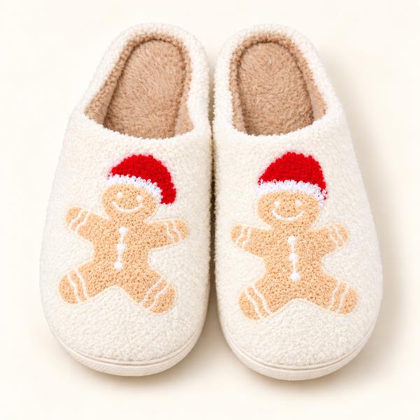 PLUSH CHRISTMAS GINGERBREAD MAN SANTA HAT COZY HOME SLIPPER