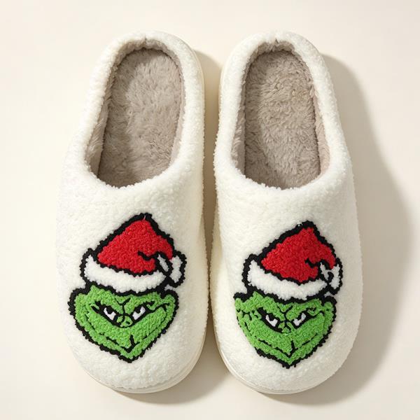 Christmas Grinch Face Santa Hat Cozy Home Slipper
