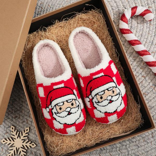 PLUSH CHRISTMAS SANTA FACE CHECKERBOARD COZY HOME SLIPPER