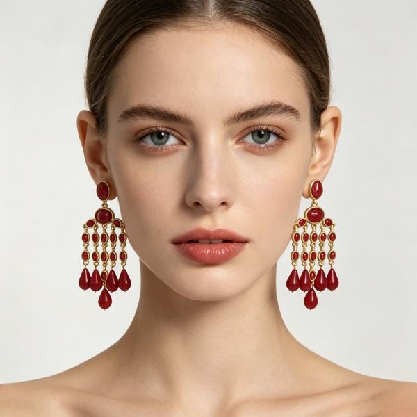 METAL OVAL CABOCHON TEARDROP FRINGE CHANDELIER DROP EARRING