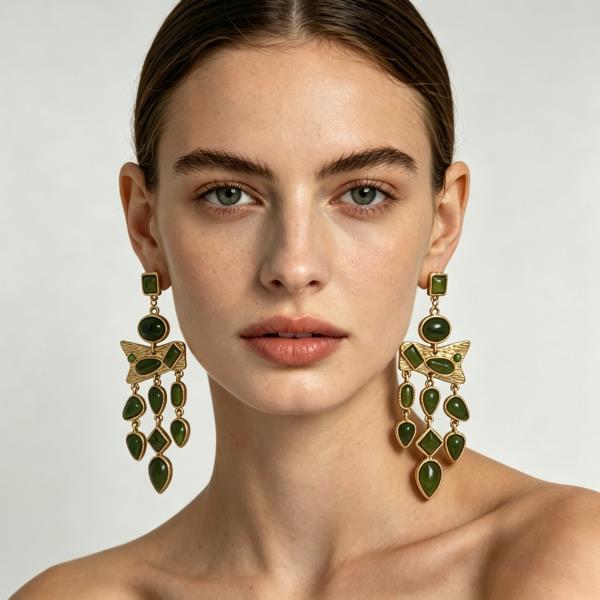 RIDGED METAL MIXED SHAPE CABOCHON CHANDELIER DROP EARRING