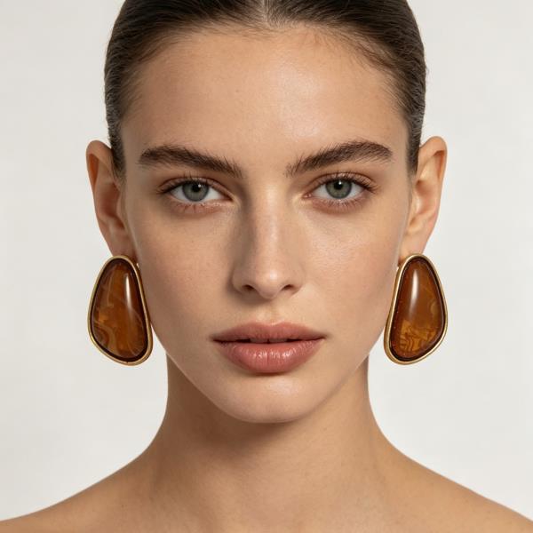 METAL FRAME MARBLED IRREGULAR TEARDROP CABOCHON STUD EARRING