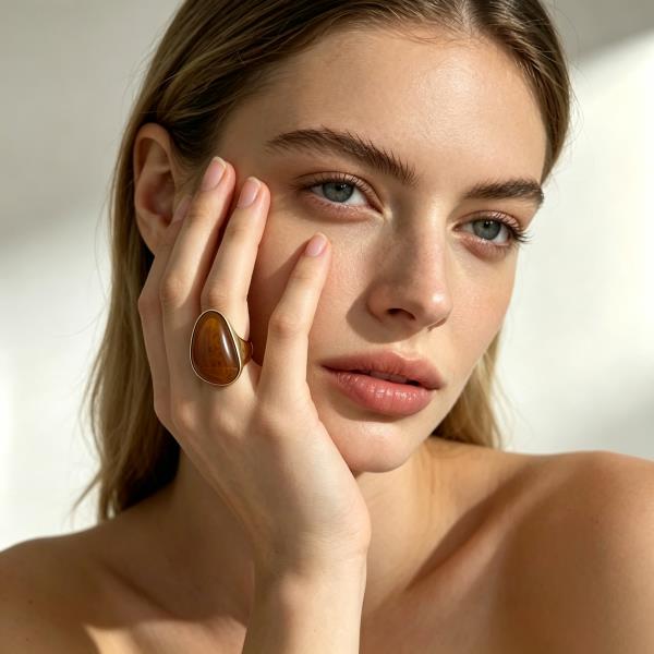 Metal Frame Marbled Teardrop Cabochon Ring