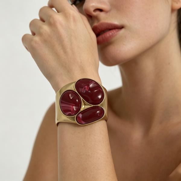 Metal Marbled Triple Oval Cabochon Cuff Bracelet