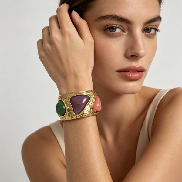 Hammered Metal Shape Cabochon Wide Cuff Bracelet