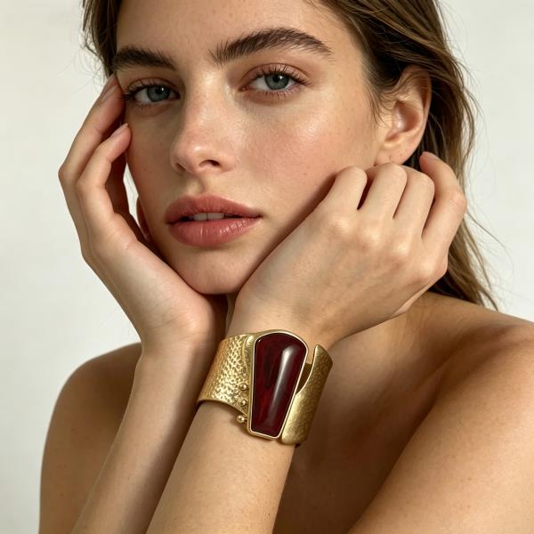 Hammered Metal Cabochon Open Cuff Bracelet