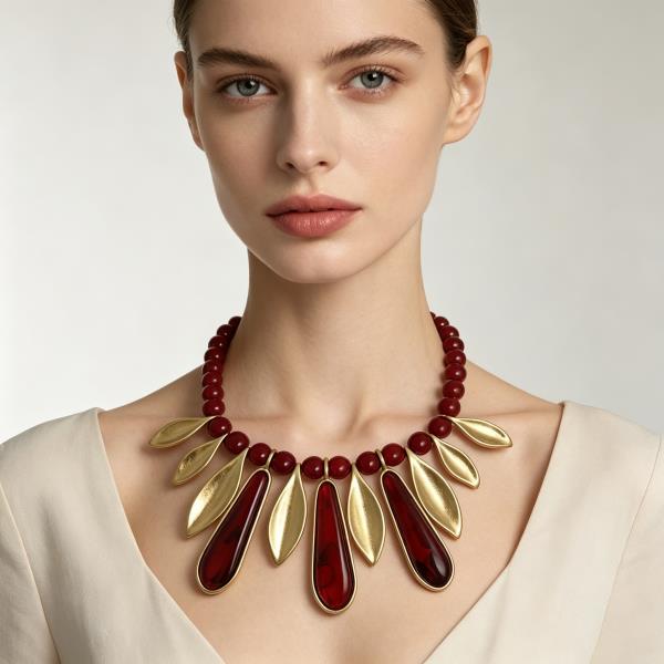 Metal Bead Multi Charm Leaf Teardrop Bib Necklace