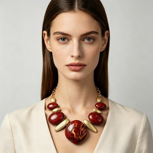 Metal Ridged Bead Marbled Graduated Oval Necklace
