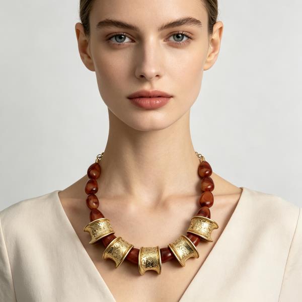 Hammered Metal Barrel Marbled Bead Necklace