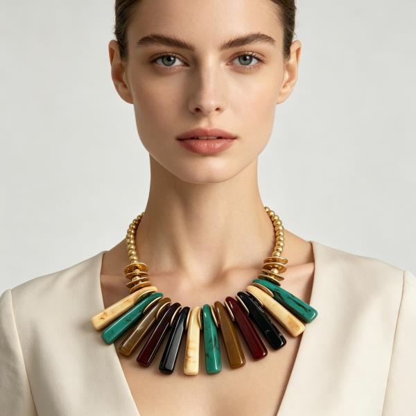 Metal Bead Marbled Tapered Bar Fringe Necklace
