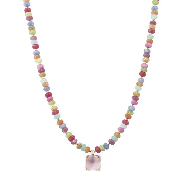 FACETED RONDELLE BEAD SQUARE CRYSTAL STONE PENDANT NECKLACE