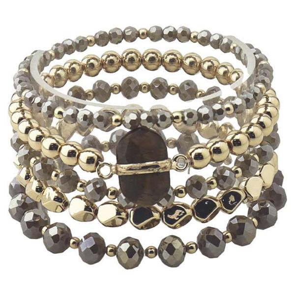 FACETED BEAD OVAL STONE MULTI ROW STRETCH BRACELET