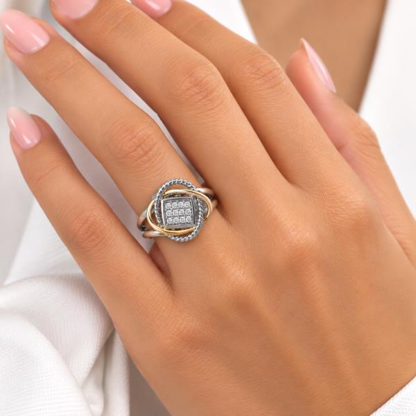 Two Tone AAA CZ Pave Square Knot Ring