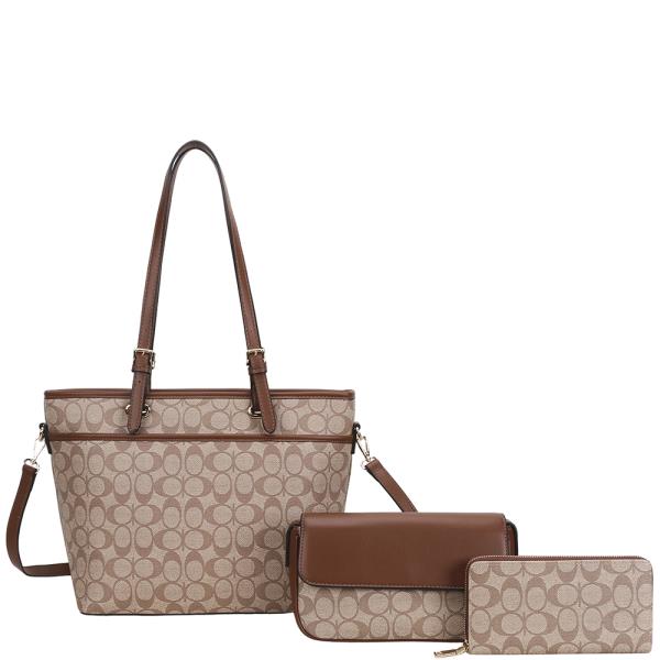 3IN1 OVAL PRINT DESIGN TOTE BAG W CROSSBODY AND WALLET SET