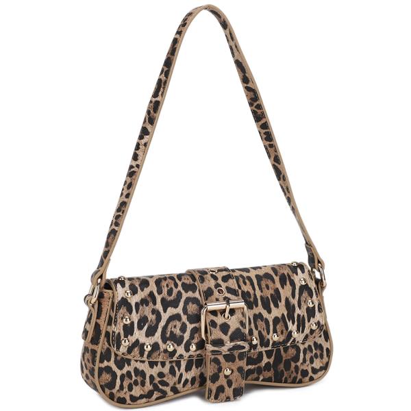 ANIMAL PRINT TEXTURED STUD BUCKLE DESIGN SHOULDER BAG
