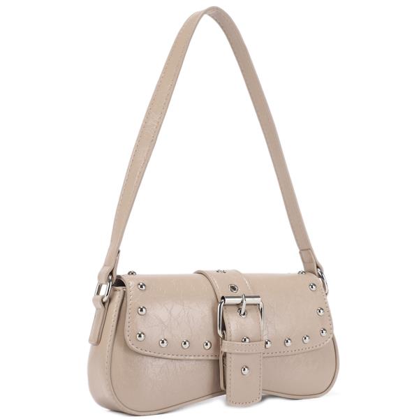 TEXTURED STUD BUCKLE DESIGN SHOULDER BAG