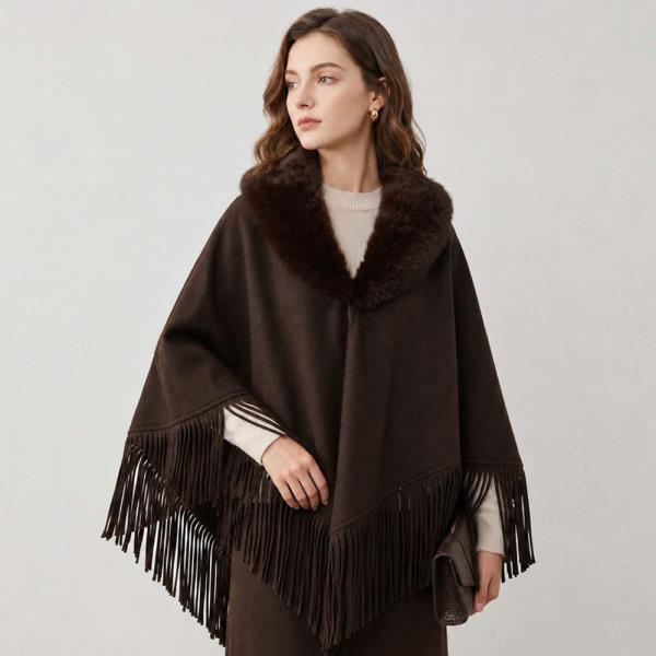 Faux Fur Collar Fringe Cape Wrap