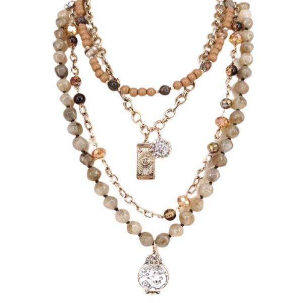 RHINESTONE BEADED SUN COIN MULTI CHARM LAYERED LONG NECKLACE