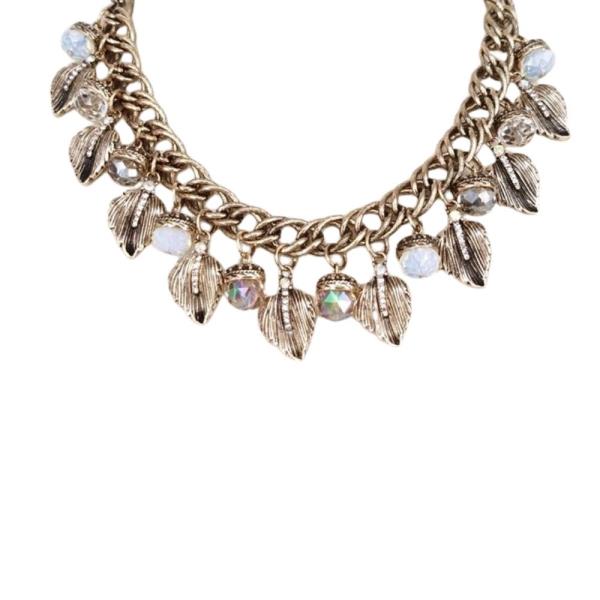 RHINESTONE FACETED BEAD LEAF MULTI CHARM CHAIN NECKLACE