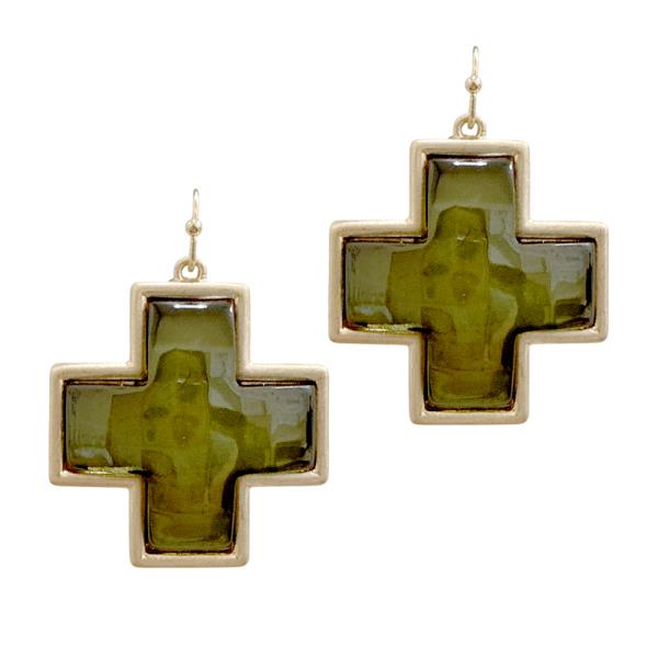 STONE METAL FRAME WESTERN CROSS DANGLE EARRING