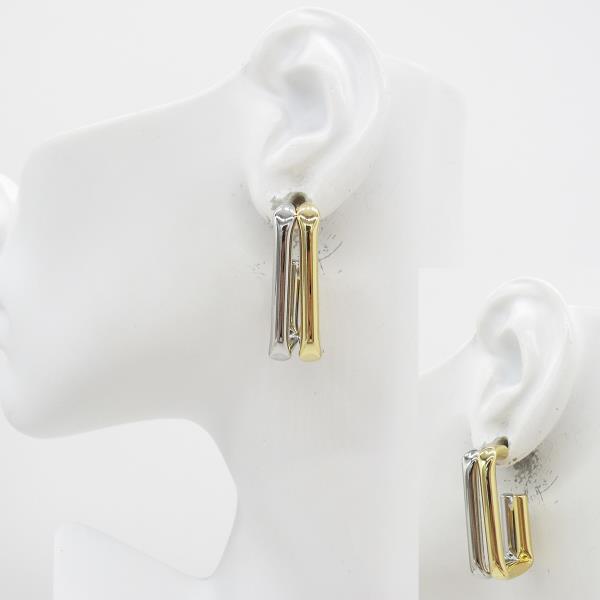 METAL TWO TONE DOUBLE ROW RECTANGLE HOOP EARRING