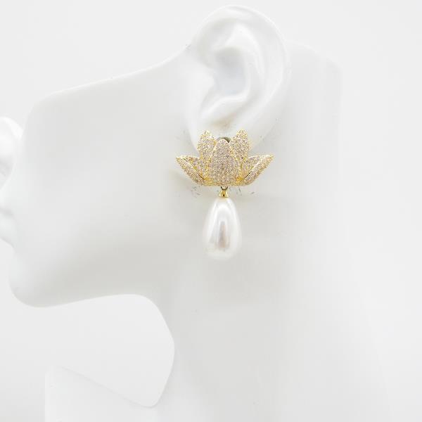 Rhinestone Lotus Flower Teardrop Pearl Earring