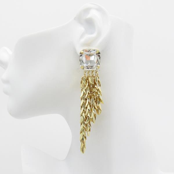 Crystal Stone Metal Leaf Fringe Drop Earring