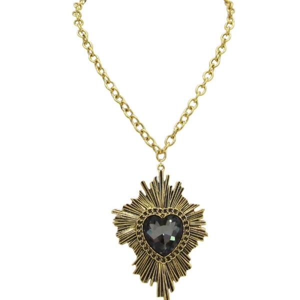 METAL CRYSTAL STONE RHINESTONE HEART SUNBURST PENDANT CHAIN NECKLACE